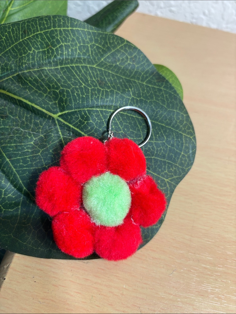 Red Flower Pom-Pom Keychain with Green Center
